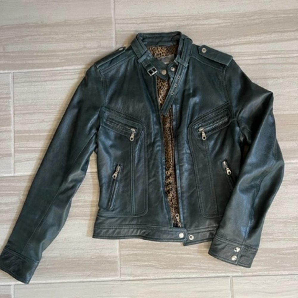 Kenna-T Dark Blue Black 100% Leather Moto Jacket with Leopard Lining